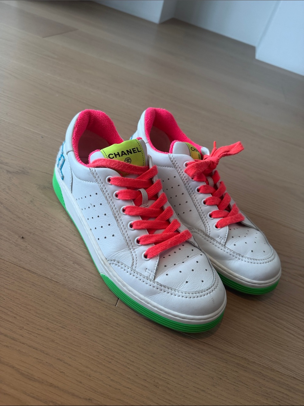 CHANEL White Sneakers with Neon Pink Laces and Green Sole